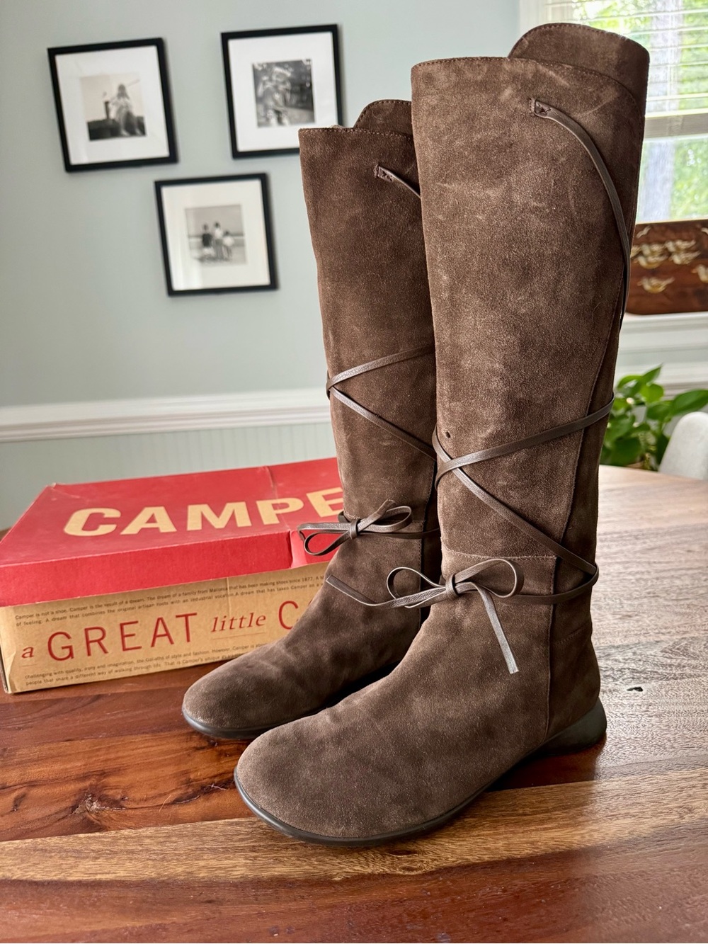 Vtg Y2K CAMPER Women’s Tall Suede Boots Brown Size EU41 Zipper Wrap Straps w/box